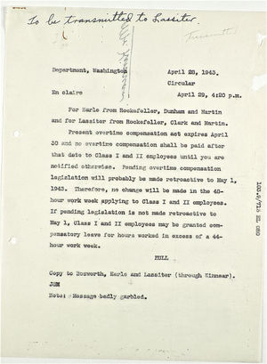 Circular from Rockefeller, Dunham and Martin for Earle and from Rockefeller, Clark and Martin for Lassiter re: Overtime Compensation, April 28, 1943 Circular from Rockefeller, Dunham and Martin for Earle and from Rockefeller, Clark and Martin for Lassiter re: Overtime Compensation, April 28, 1943