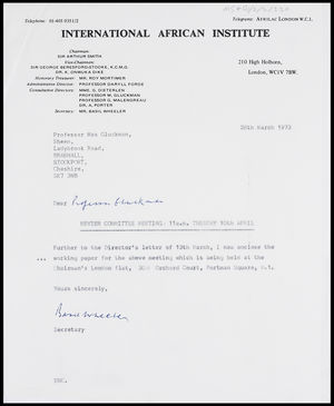 Letter from Basil Wheeler, Secretary, IAI, to MG, 28 Mar. 1973 Letter from Basil Wheeler, Secretary, IAI, to MG, 28 Mar. 1973