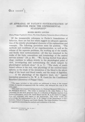 An Appraisal of Pavlov's Systematization of Behavior From the Experimental Standpoint An Appraisal of Pavlov's Systematization of Behavior From the Experimental Standpoint