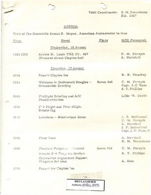 Agenda: Visit of Armin H. Meyer to McDonnell Douglas Co., St. Louis, MO, August 16-18, 1967 Agenda: Visit of Armin H. Meyer to McDonnell Douglas Co., St. Louis, MO, August 16-18, 1967