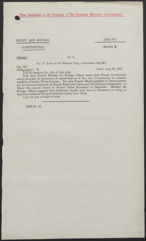 Letter from Sir F. Bertie to Sir Edward Grey, July 29, 1912 Letter from Sir F. Bertie to Sir Edward Grey, July 29, 1912