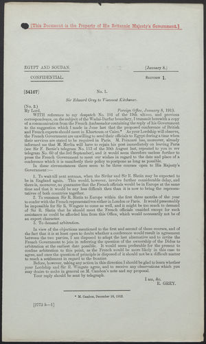 Letter from Sir Edward Grey to Viscount Kitchener, January 8, 1913 Letter from Sir Edward Grey to Viscount Kitchener, January 8, 1913