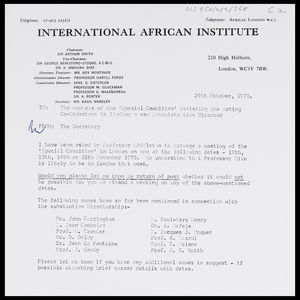 Letter from the Secretary, IAI, to members of the 'Special Committee' assisting the Acting Co-Directors in finding a new Administrative Director, 24 Oct. 1973 Letter from the Secretary, IAI, to members of the 'Special Committee' assisting the Acting Co-Directors in finding a new Administrative Director, 24 Oct. 1973