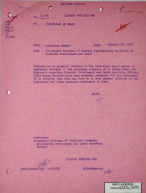 Airgram from AmEmbassy Tehran to Department of State re: Biographical Sketches of Leading Personalities in Fields of Economic Development and Labor, October 25, 1966 Airgram from AmEmbassy Tehran to Department of State re: Biographical Sketches of Leading Personalities in Fields of Economic Development and Labor, October 25, 1966