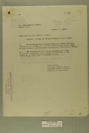 Memo from Henry Jervey re: Killing of Mexican Citizen at Agua Prieta, August 8, 1918 Memo from Henry Jervey re: Killing of Mexican Citizen at Agua Prieta, August 8, 1918