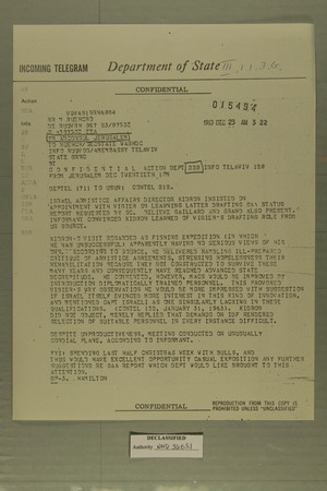 Telegram from AmConsul Jerusalem to Ruehor/SecState Wash DC, December 23, 1963 Telegram from AmConsul Jerusalem to Ruehor/SecState Wash DC, December 23, 1963