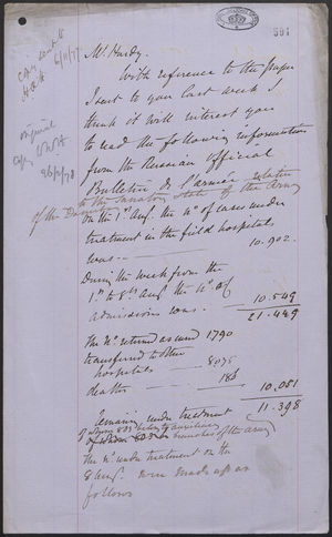 Communication from J. L. A. Simmons to Mr. Hardy, November 5, 1877 Communication from J. L. A. Simmons to Mr. Hardy, November 5, 1877