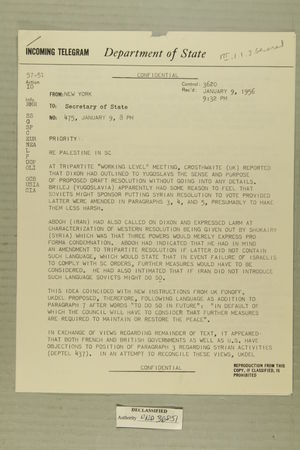Telegram from Henry Cabot Lodge, Jr. in New York to Secretary of State, January 9, 1956 Telegram from Henry Cabot Lodge, Jr. in New York to Secretary of State, January 9, 1956