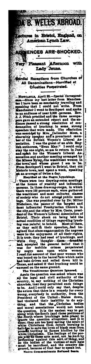 Ida B. Wells Abroad: Lectures in Bristol, England, on American Lynch Law Ida B. Wells Abroad: Lectures in Bristol, England, on American Lynch Law
