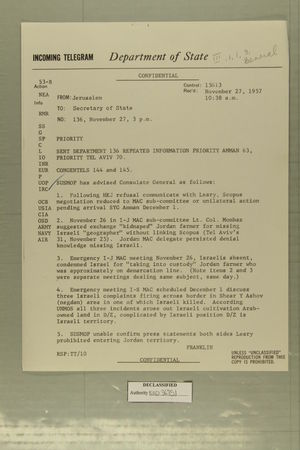 Telegram from Albert B. Franklin in Jerusalem to Secretary of State, November 27, 1957 Telegram from Albert B. Franklin in Jerusalem to Secretary of State, November 27, 1957