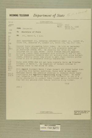 Telegram from William E. Cole, Jr. in Jerusalem to Secretary of State, March 6, 1956 Telegram from William E. Cole, Jr. in Jerusalem to Secretary of State, March 6, 1956