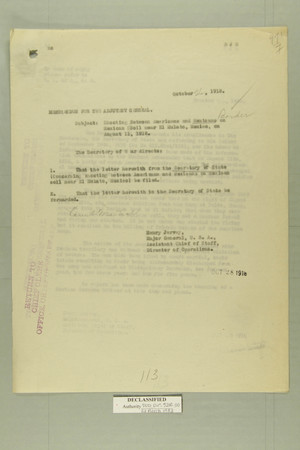 Memo Dated October 26, 1918 from Henry Jervey re: Shooting Between Americans and Mexicans on Mexican Soil Near El Mulato, Mexico, on August 11, 1918 Memo Dated October 26, 1918 from Henry Jervey re: Shooting Between Americans and Mexicans on Mexican Soil Near El Mulato, Mexico, on August 11, 1918