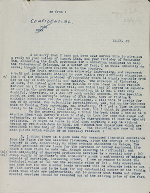 Confidential Letter from Raymond Firth to Unidentified Recipient, September 9, 1949 Confidential Letter from Raymond Firth to Unidentified Recipient, September 9, 1949