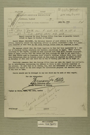Despatch Re: Report received by Iraqi Foreign Office from Rome re possible Israeli attack on Egypt in October or November. July 25, 1955 Despatch Re: Report received by Iraqi Foreign Office from Rome re possible Israeli attack on Egypt in October or November. July 25, 1955
