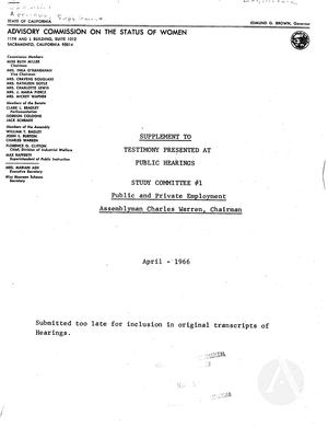 Supplement to Testimony Presented at Public Hearings: Study Committee #1, Public and Private Employment, April 1966 Supplement to Testimony Presented at Public Hearings: Study Committee #1, Public and Private Employment, April 1966