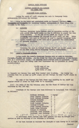 Wartime Meals Division: Monthly Report to War Cabinet for April 1941 re: Emergency Meals Service Wartime Meals Division: Monthly Report to War Cabinet for April 1941 re: Emergency Meals Service