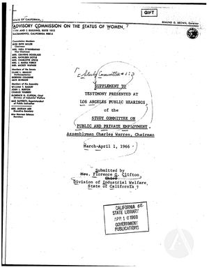 Public and Private Employment: Supplement to Testimony Presented at Los Angeles Public Hearings, March-April 1st, 1966 Public and Private Employment: Supplement to Testimony Presented at Los Angeles Public Hearings, March-April 1st, 1966