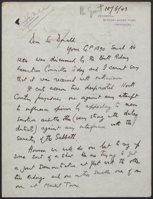 Letter from War Agricultural Executive Committee, North Riding, to Sir Donald Fergusson re: Farm Sunday, June 10, 1943 Letter from War Agricultural Executive Committee, North Riding, to Sir Donald Fergusson re: Farm Sunday, June 10, 1943