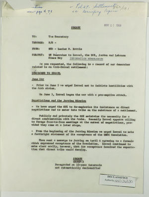 Information Memorandum from Lucius D. Battle to the Secretary re: U. S. Démarches to Israel, the U. A. R., Jordan and Lebanon since May; c. May 21, 1968 Information Memorandum from Lucius D. Battle to the Secretary re: U. S. Démarches to Israel, the U. A. R., Jordan and Lebanon since May; c. May 21, 1968