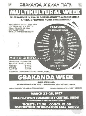 Poster advertising Gbakanda Afrikan Tiata's Multikultural Week in Leeds, England Poster advertising Gbakanda Afrikan Tiata's Multikultural Week in Leeds, England