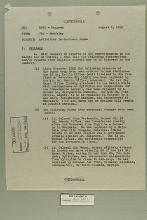 Activities in Northern Burma, August 6, 1956 Activities in Northern Burma, August 6, 1956