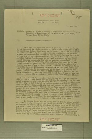 Memo from Colonel T. J. Conway to the Commanding General, Fifth Army, May 15, 1945 Memo from Colonel T. J. Conway to the Commanding General, Fifth Army, May 15, 1945