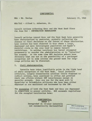 Information Memorandum from U. S. Department of State, Division of Near Eastern Affairs, re: Israeli Actions Affecting Gaza and the West Bank Since the June War, February 23, 1968 Information Memorandum from U. S. Department of State, Division of Near Eastern Affairs, re: Israeli Actions Affecting Gaza and the West Bank Since the June War, February 23, 1968
