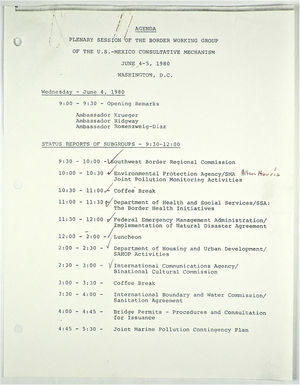 Agenda - Plenary Session of the Border Working Group of the U.S.-Mexico Consultative Mechanism, June 4-5, 1980 Agenda - Plenary Session of the Border Working Group of the U.S.-Mexico Consultative Mechanism, June 4-5, 1980