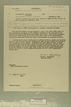 Final Report of UNTSO Investigation of Jordanian Complaint on Azazme, November 2, 1959 Final Report of UNTSO Investigation of Jordanian Complaint on Azazme, November 2, 1959