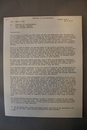 Report of Mrs. Dermady on Columbia, 22 May 1966, Submitted to the Committee of Correspondence Report of Mrs. Dermady on Columbia, 22 May 1966, Submitted to the Committee of Correspondence