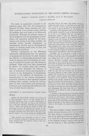 Manipulatory Motivation in the Infant Rhesus Monkey Manipulatory Motivation in the Infant Rhesus Monkey