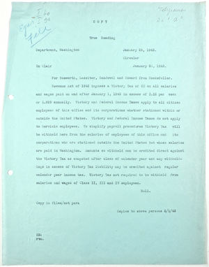 Circular from Rockefeller for Bosworth, Lassiter, Sandoval and Howard re: Victory Tax, January 29, 1943 Circular from Rockefeller for Bosworth, Lassiter, Sandoval and Howard re: Victory Tax, January 29, 1943