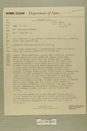Telegram from Ivan B. White in Tel Aviv to Secretary of State, May 15, 1956 Telegram from Ivan B. White in Tel Aviv to Secretary of State, May 15, 1956