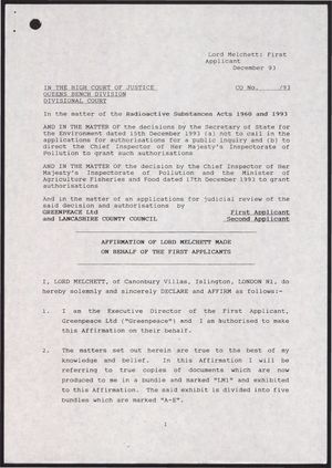 Affirmation Of Lord Melchett In The Court Of High Justice Queens