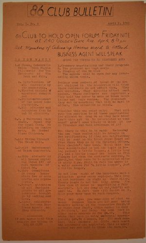 86 Club Bulletin, Vol. 1 no. 2, April 2, 1941 86 Club Bulletin, Vol. 1 no. 2, April 2, 1941