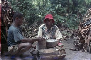 Adamo and Singali holding bricks of hardened payu paste that have been prepared by their wives. Adamo and Singali holding bricks of hardened payu paste that have been prepared by their wives.