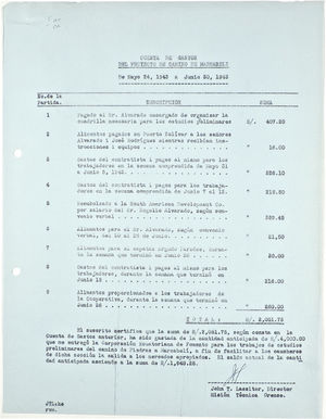 Cuenta de Gasto del Proyecto de Camiro de Marcabeli de Mayo 24, 1943 a Junio 30, 1943 Cuenta de Gasto del Proyecto de Camiro de Marcabeli de Mayo 24, 1943 a Junio 30, 1943