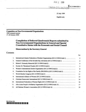 Compilation of Deferred Quadrennial Reports Submitted by Non-Governmental Organizations in General and Special Consultative Status with the Economic and Social Council: Memorandum Compilation of Deferred Quadrennial Reports Submitted by Non-Governmental Organizations in General and Special Consultative Status with the Economic and Social Council: Memorandum
