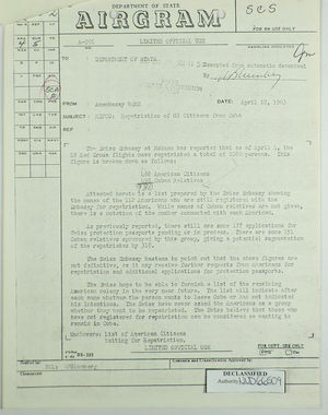 Airgram from U.S. Embassy in Bern to Dept. of State re: Repatriation of U.S. Citizens in Cuba, April 12, 1963 Airgram from U.S. Embassy in Bern to Dept. of State re: Repatriation of U.S. Citizens in Cuba, April 12, 1963