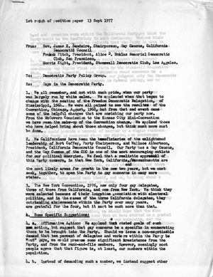1st rough of position paper 13 Sept 1977. RE: Gays in the Democratic Party 1st rough of position paper 13 Sept 1977. RE: Gays in the Democratic Party