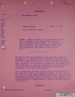 Confidential Memo from Armin H. Meyer to Department of State re: Iran's Lemon-Juice Policy, April 21, 1968 Confidential Memo from Armin H. Meyer to Department of State re: Iran's Lemon-Juice Policy, April 21, 1968
