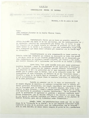 Copy of Letter from Jorge Salazar to John T. Lassiter, July 21, 1943 Copy of Letter from Jorge Salazar to John T. Lassiter, July 21, 1943