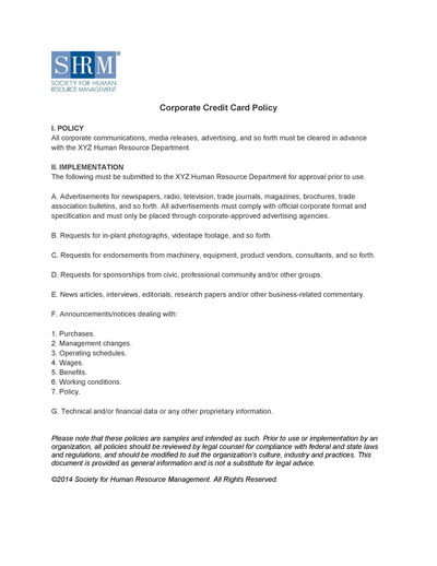 Corporate Credit Card Policy Alexander Street A Proquest Company