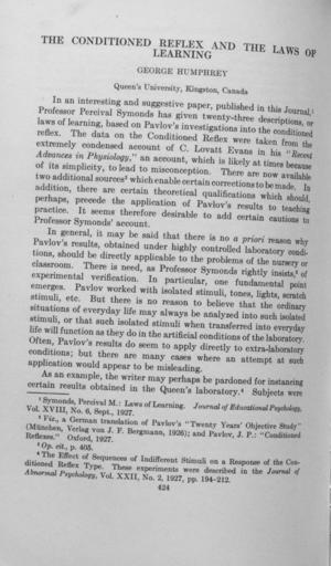 The Conditioned Reflex and the Laws of Learning The Conditioned Reflex and the Laws of Learning