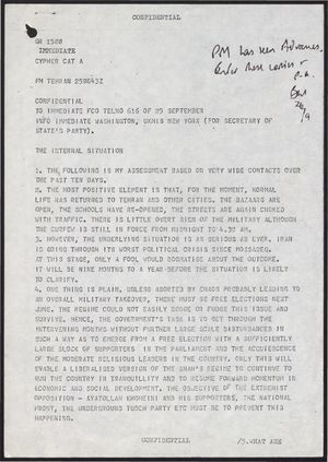 Confidential Cypher from Anthony Parsons re: Internal Situation In Iran, 1978 Confidential Cypher from Anthony Parsons re: Internal Situation In Iran, 1978