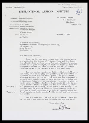 Letter from Mrs Olga Wolfe to MG, 1 Oct. 1965 Letter from Mrs Olga Wolfe to MG, 1 Oct. 1965