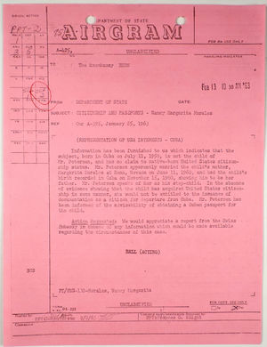 Airgram from Department of State to American Embassy in Bern re: Citizenship and passports - Nancy Margarita Morales, February 13, 1963 Airgram from Department of State to American Embassy in Bern re: Citizenship and passports - Nancy Margarita Morales, February 13, 1963