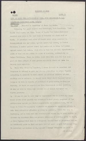 Copy of Cable from India Government Food Department to H.M. Ambassador Washington, April 10, 1946 Copy of Cable from India Government Food Department to H.M. Ambassador Washington, April 10, 1946