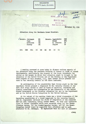 Minutes of Meeting re: Situation Along Northern Greek Frontier, November 20, 1946 Minutes of Meeting re: Situation Along Northern Greek Frontier, November 20, 1946