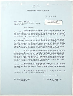 Copy of Letter from Jorge Salazar to John T. Lassiter re: Carlos Ruiz, July 13, 1943 Copy of Letter from Jorge Salazar to John T. Lassiter re: Carlos Ruiz, July 13, 1943